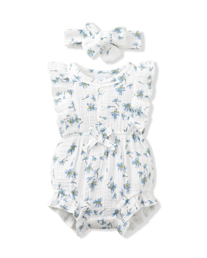 Renotemy Baby Girl Newborn Clothes Infant Summer Outfits Blue Floral Bubble Romper Ruffle Sleeveless Bodysuit Jumpsuit Baby Shower Gifts Coming Home Outfit for 0-3 Months Girls - Image 1