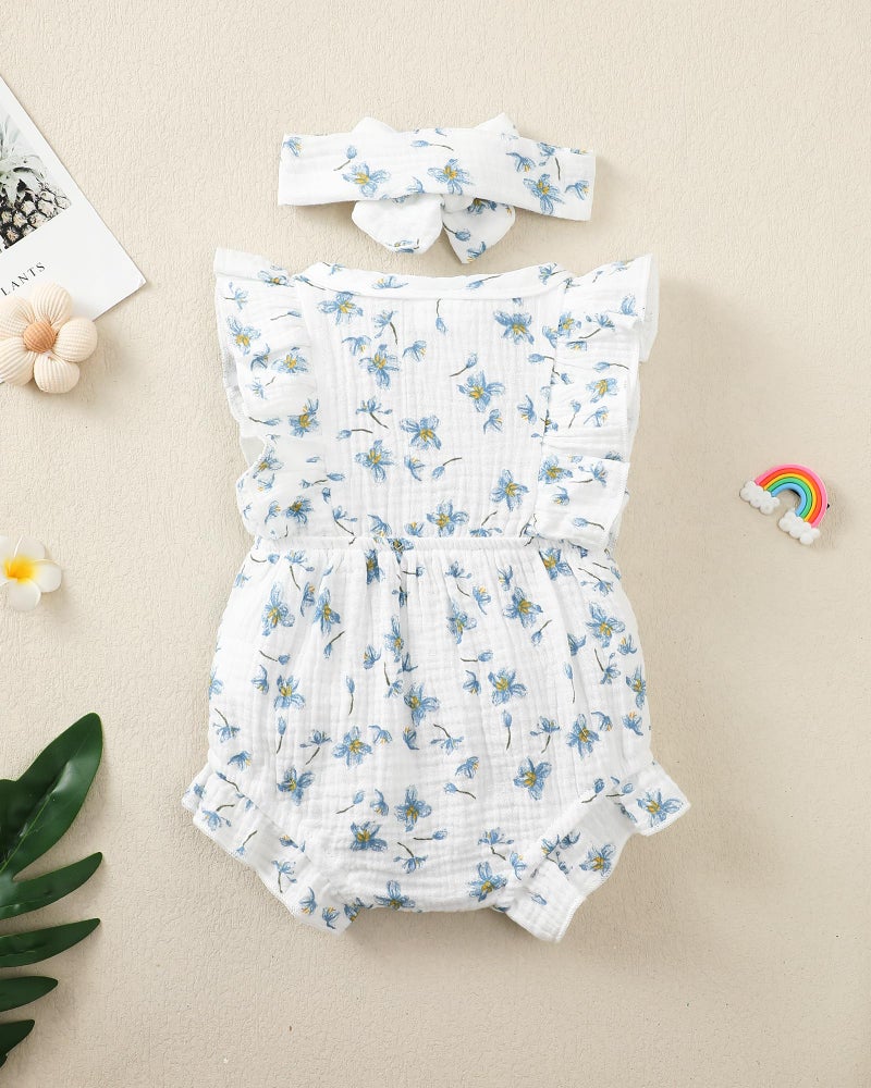 Renotemy Baby Girl Newborn Clothes Infant Summer Outfits Blue Floral Bubble Romper Ruffle Sleeveless Bodysuit Jumpsuit Baby Shower Gifts Coming Home Outfit for 0-3 Months Girls - Image 3