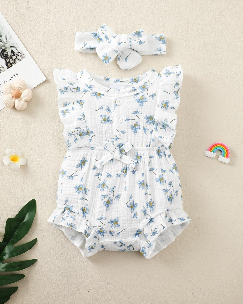 Renotemy Baby Girl Newborn Clothes Infant Summer Outfits Blue Floral Bubble Romper Ruffle Sleeveless Bodysuit Jumpsuit Baby Shower Gifts Coming Home Outfit for 0-3 Months Girls - Image 2