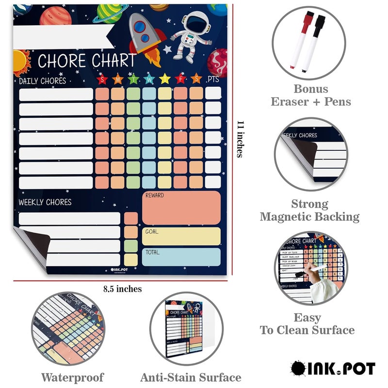 Inkdotpot Magnetic Dry Erase Weekly/Daily Chore Chart Schedule Board for Kids Chores Reward Chart,Good Behavior Chart Blank Magnetic List with 2 Dry Erase Markers (Space Theme) - Image 3