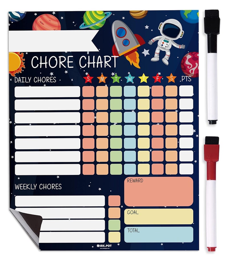 Inkdotpot Magnetic Dry Erase Weekly/Daily Chore Chart Schedule Board for Kids Chores Reward Chart,Good Behavior Chart Blank Magnetic List with 2 Dry Erase Markers (Space Theme) - Image 1