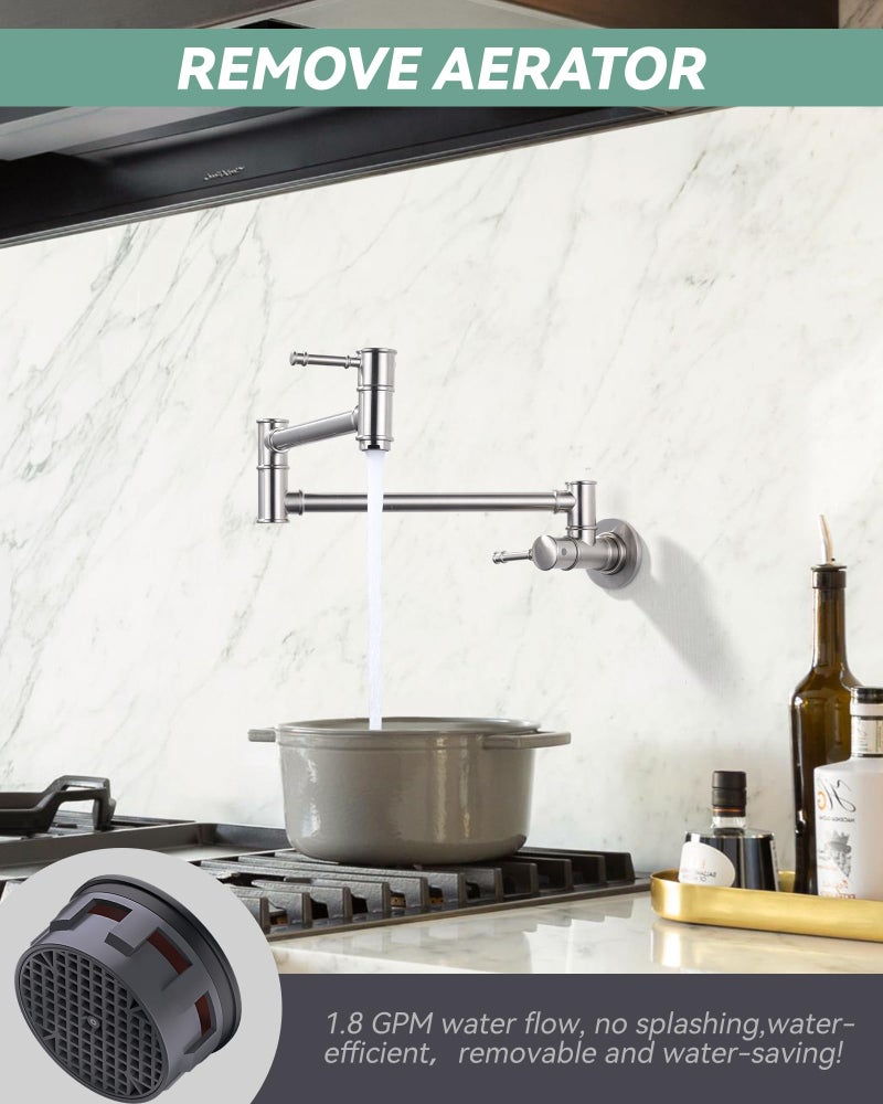 ALEASHA Solid Brass Pot Filler, Brushed Nickel Folding Kitchen Pot Filler Faucet One Hole, Wall Mount Pot Filler Faucet with 2 Handle Over Stove - Image 5