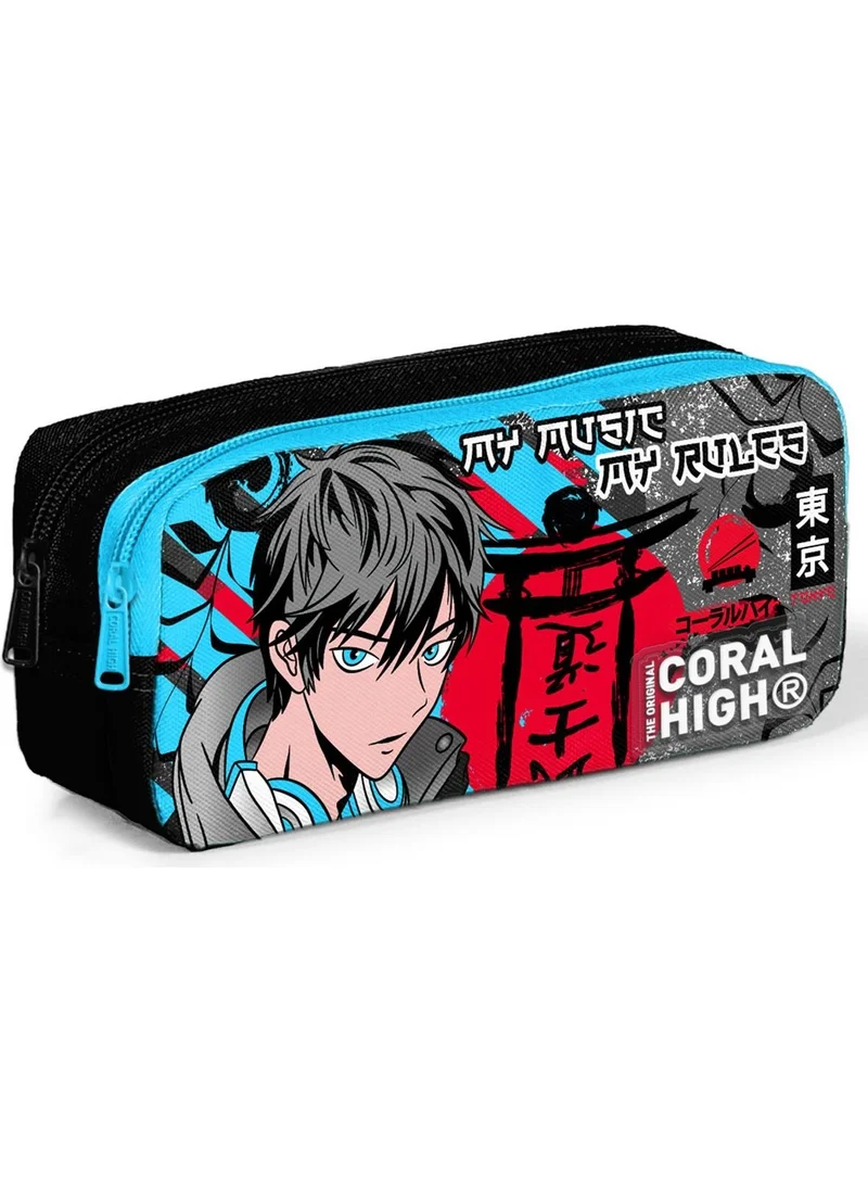 CORAL HIGH Kids Black Blue Anime Patterned Two Compartment Pencil Bag 12076