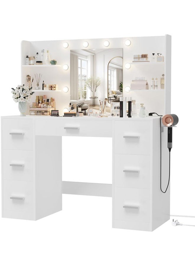 L&E Vanity Desk with Mirror, LED Lights and Power Outlet Makeup Vanity Table with 7 Drawers and 6 Storage Shelves Dressing Table for Bedroom Dressing Room - Image 1