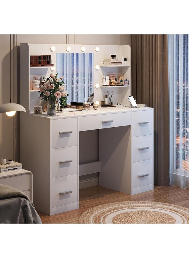 L&E Vanity Desk with Mirror, LED Lights and Power Outlet Makeup Vanity Table with 7 Drawers and 6 Storage Shelves Dressing Table for Bedroom Dressing Room - Image 3