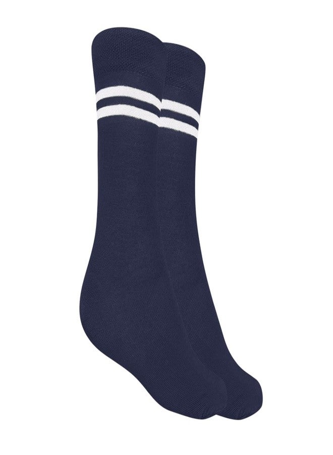 MUKHAKSH (Pack of 1 Pair Girls Kids Navy Blue Socks with White Stripes, Navy Blue with White Stripes Calf Length School Uniform Dress Socks, 11-12 Years