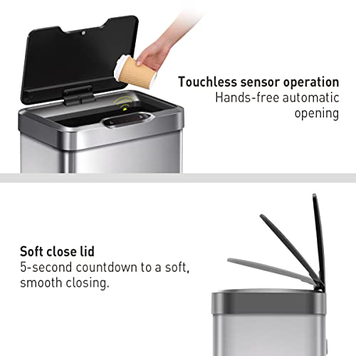 EKO Mirage-T 50 Liter / 13.2 Gallon Touchless Rectangular Motion Sensor Trash Can, Brushed Stainless Steel Finish - Image 3