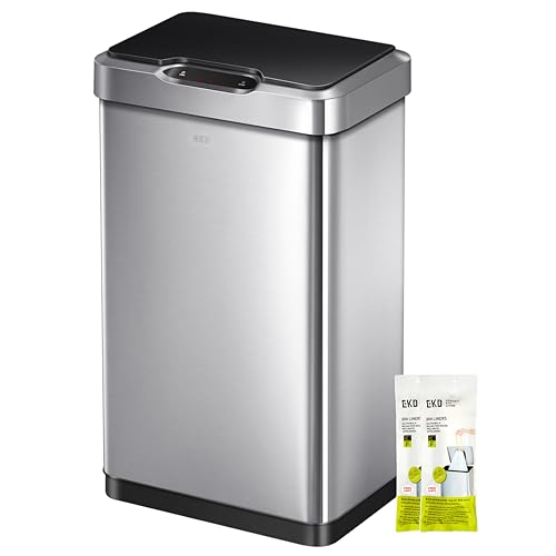 EKO Mirage-T 50 Liter / 13.2 Gallon Touchless Rectangular Motion Sensor Trash Can, Brushed Stainless Steel Finish - Image 1