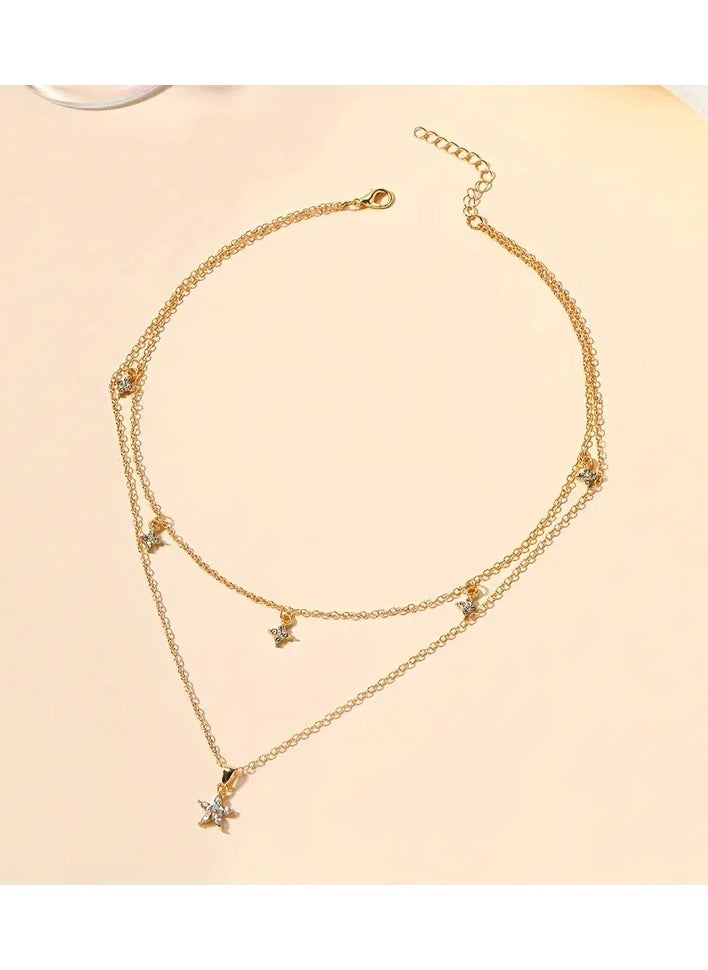 Home Clearance Sale - Vintage Boho Style Double Layer Y-Necklace with Flower Rhinestone Pendants, Zinc Alloy, No Plating, for Daily and Gift Occasions - Women's Fashion Jewelry - Image 1
