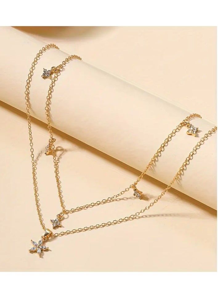 Home Clearance Sale - Vintage Boho Style Double Layer Y-Necklace with Flower Rhinestone Pendants, Zinc Alloy, No Plating, for Daily and Gift Occasions - Women's Fashion Jewelry - Image 1
