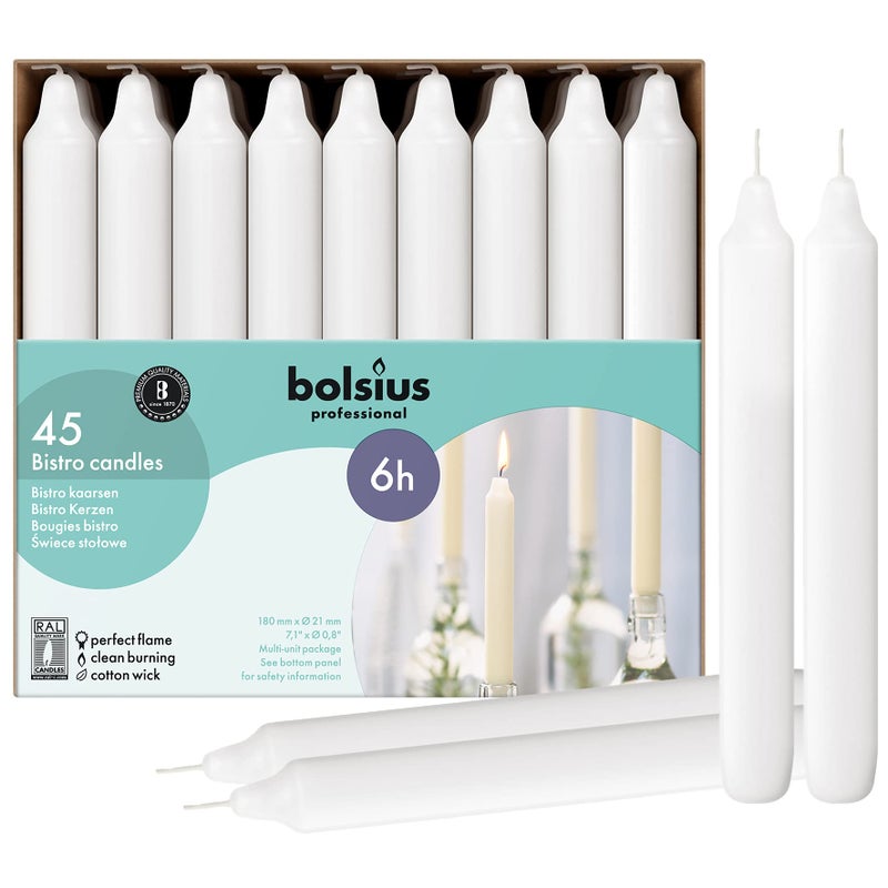 BOLSIUS White Household Candles 7 Inch Dinner Candlesticks - 45 Count Bulk Pack - 6+ Hours Clean Burning - Premium European Quality - Shabbat Candles - No Palm Oil - 0% Animal Fat - Emergency Candle - Image 1