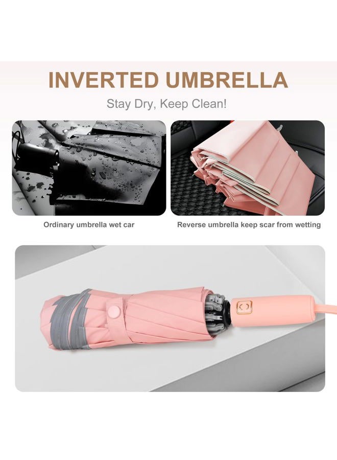 zeproage Inverted Umbrella, Reverse Folding Umbrella, Auto Open & Close, UV Protection, Windproof, Reflective Strip, 10 Rib Aluminum Frame, for Car & Outdoor Use Pink - Image 3