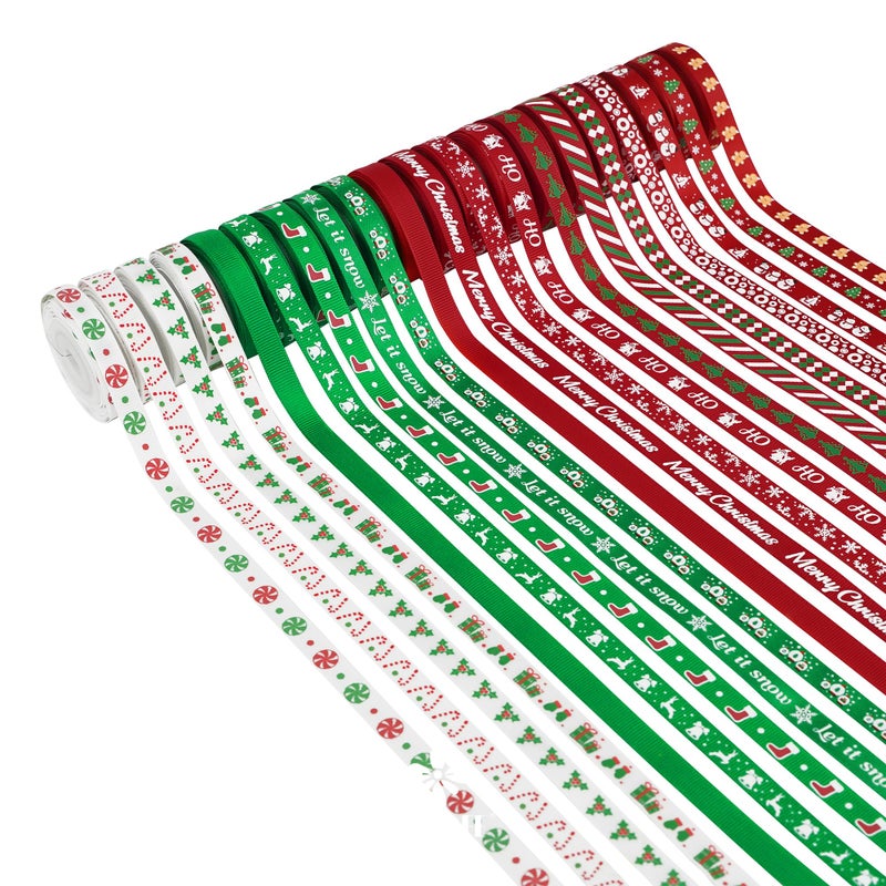MEEDEE 3/8 inch 100 Yards Assorted Christmas Ribbon - Pack of 20 in Red, Green & White - Mix Grosgrain & Double Face Satin Ribbon for Holiday DÃ©cor, Gift Wrapping, Xmas Wreath Bow or Crafting Project - Image 1
