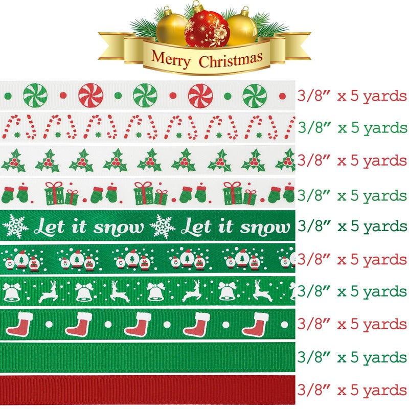 MEEDEE 3/8 inch 100 Yards Assorted Christmas Ribbon - Pack of 20 in Red, Green & White - Mix Grosgrain & Double Face Satin Ribbon for Holiday DÃ©cor, Gift Wrapping, Xmas Wreath Bow or Crafting Project - Image 2