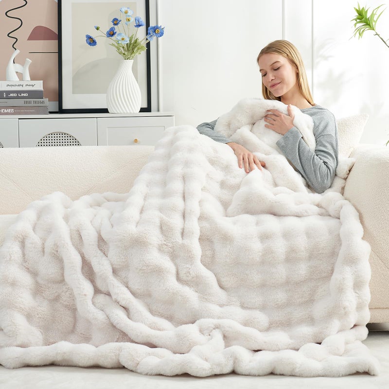 Cozy Bliss Faux Fur Throw Blanket for Couch, Fuzzy Soft Plush Thick Bubble Blanket for Sofa Bedroom Living Room, 50 * 60 Inches Cream White - Image 4