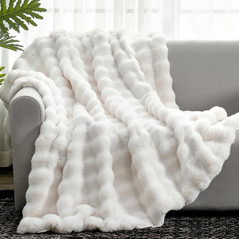Cozy Bliss Faux Fur Throw Blanket for Couch, Fuzzy Soft Plush Thick Bubble Blanket for Sofa Bedroom Living Room, 50 * 60 Inches Cream White - Image 1