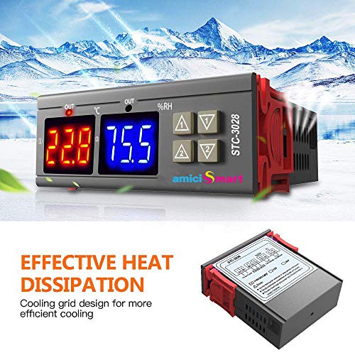 amiciSmart STC-3028 Digital Thermostat Temperature & Humidity Regulating Device with NTC Sensor, Dual Output & 10A Relay | Ideal for Incubators, Poultry, & DIY Environmental Control (AC 220V) - Image 2