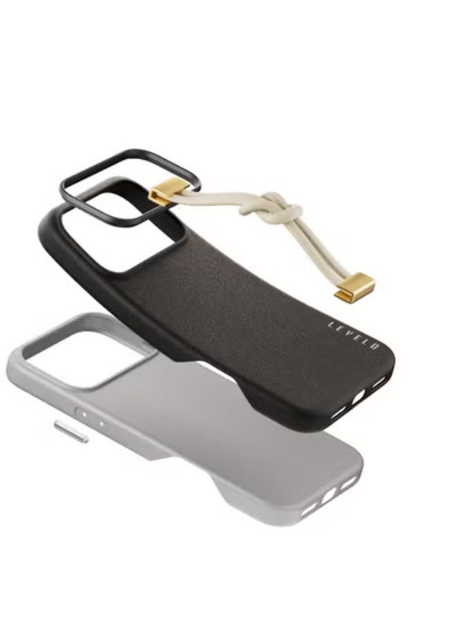 ليفيلو جراب iPhone 17 Pro Max Polaris مصنوع من جلد البولي يوريثان مع مصد مقاوم للصدمات وحواف مرتفعة للكاميرا والشاشة / مع حزام معصم مدمج / غطاء خلفي مبطن داخليًا من الألياف الدقيقة - أسود - Image 5