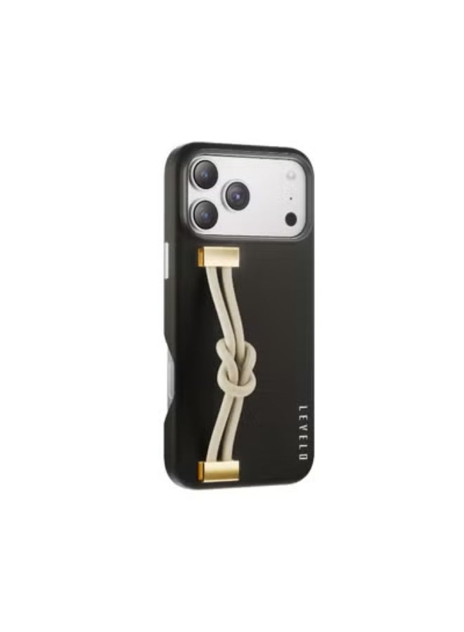 ليفيلو جراب iPhone 17 Pro Max Polaris مصنوع من جلد البولي يوريثان مع مصد مقاوم للصدمات وحواف مرتفعة للكاميرا والشاشة / مع حزام معصم مدمج / غطاء خلفي مبطن داخليًا من الألياف الدقيقة - أسود - Image 2