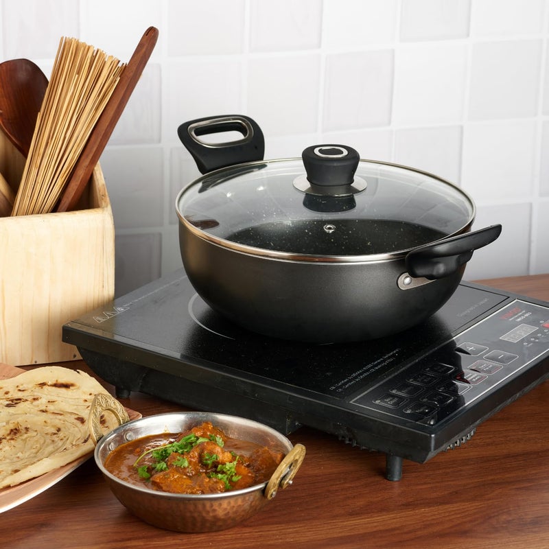 VINOD Vinod Hanos Hard Anodised Non Stick Deep Kadhai with Glass lid 26 Litre 22 cm 325mm Thick 5X Non Stick Metal Spoon Friendly Induction Base 2 Year Warranty - Image 3