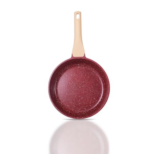 ATTIL - 28 cm Non-Stick Fry Pan with Glass Lid and Silicone Spatula - Induction Base - Granite Cookware Frying Pan - 2.5 LTR - Granite Red - Image 5
