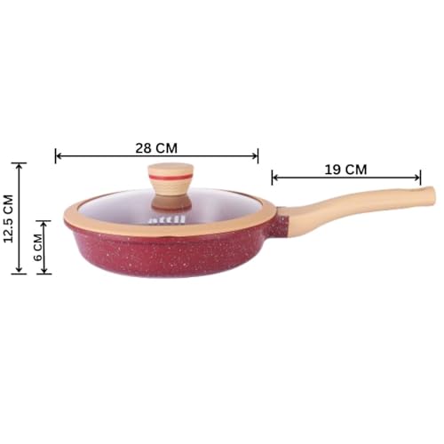 ATTIL - 28 cm Non-Stick Fry Pan with Glass Lid and Silicone Spatula - Induction Base - Granite Cookware Frying Pan - 2.5 LTR - Granite Red - Image 3