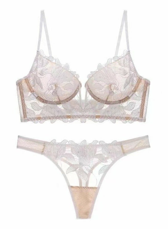 Lace Embroidered Ultra Thin Cup Bra And Panty Set Beige