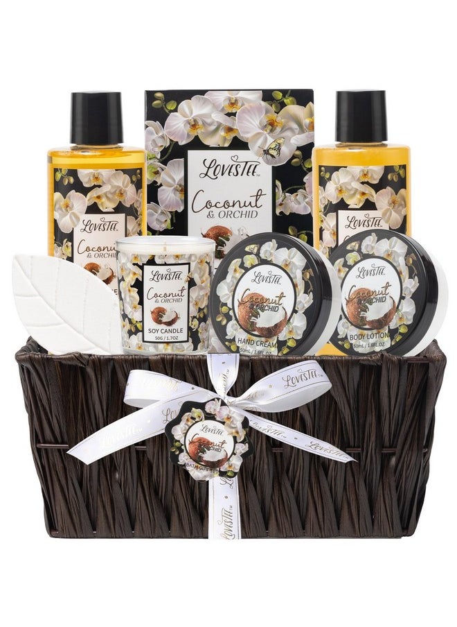 Lovestee Valentines Day Spa Gift Baskets For Women, Spa Gifts For Women, Coconut & Orchid Bath & Body Set, Includes Shower Gel, Hand Cream, Body Lotion, Candle And More, Gifts For Women, Gift For Mom  - Image 1