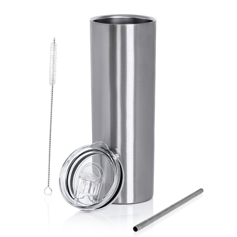 Maxam 20 Ounce Double Wall Vacuum Insulated Skinny Tumbler  Tall  Slim Stainless Steel Drink Canister with Straw  Clear Lid
