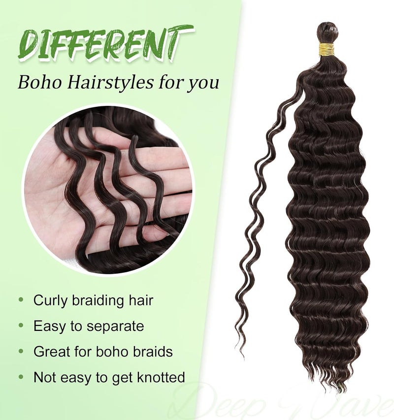Eerya Long Curly Braiding Hair for Boho Braids 18 Inch 2 Packs Dark Brown Deep Ocean Wave Crochet Hair for Black Women (18 inch, #4) - Image 3