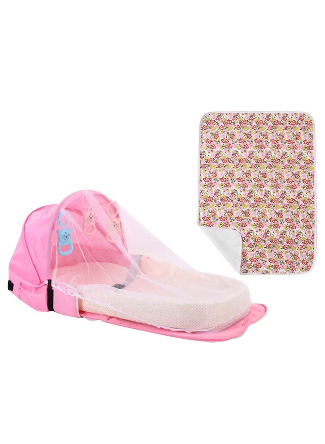 Star Babies Multi-Function Portable Baby Bed With Mosquito Net - Pink With Free Reusable Changing Mat