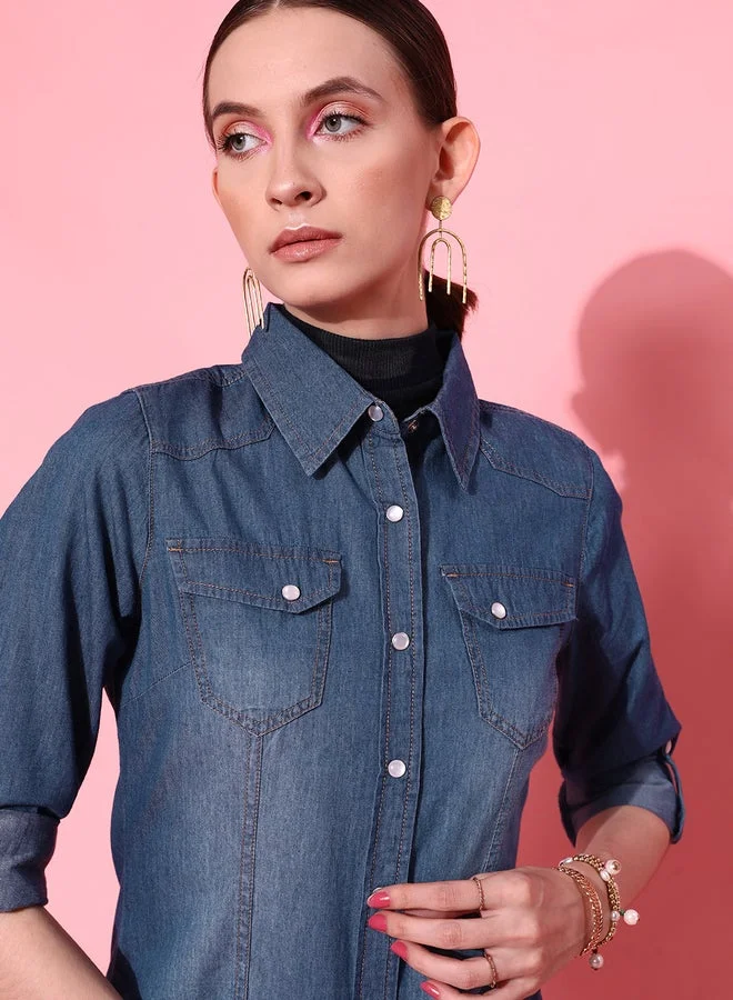 STREET 9 قميص جينز أزرق باهت للنساء من ستريت