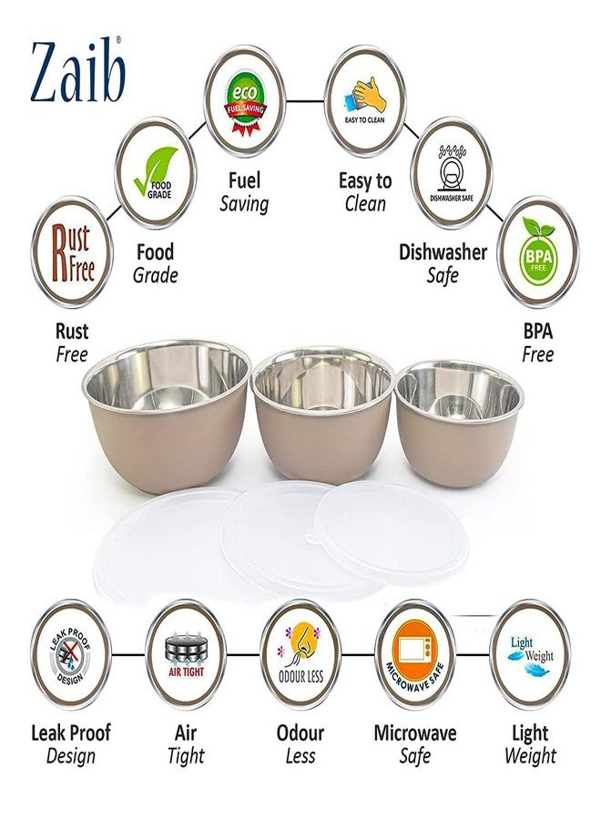 Zaib Stainless Steel Microwave Safe Euro Mixing Bowl Set with Lid | Pack of 3 (14cm,16cm,18cm) | 500ml, 750ml, 1250ml | Freezer Safe (WL Sand Brown) - Image 3