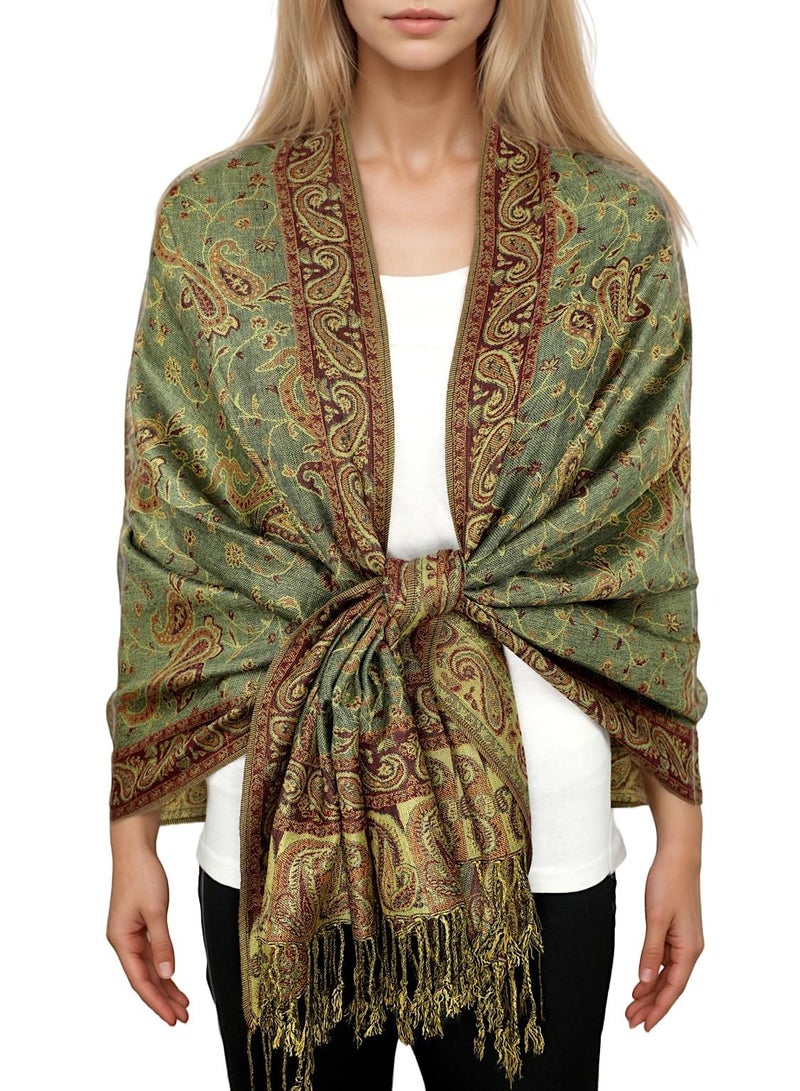 Achillea Soft Silky Reversible Paisley Pashmina Shawl Wrap Scarf w/Fringes (Sage Green) - Image 1