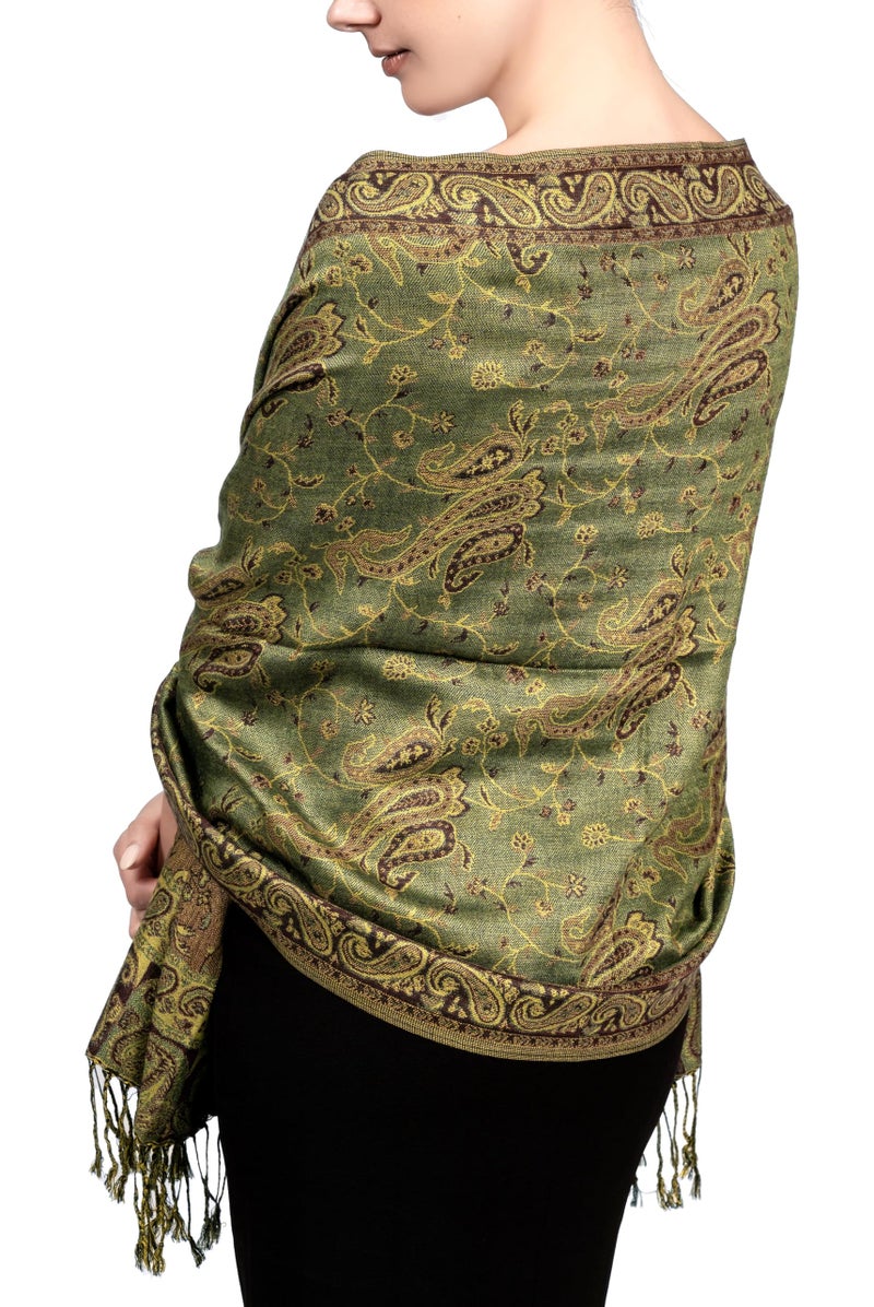 Achillea Soft Silky Reversible Paisley Pashmina Shawl Wrap Scarf w/Fringes (Sage Green) - Image 3