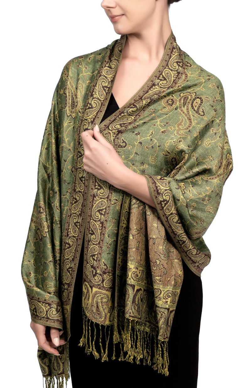 Achillea Soft Silky Reversible Paisley Pashmina Shawl Wrap Scarf w/Fringes (Sage Green) - Image 2