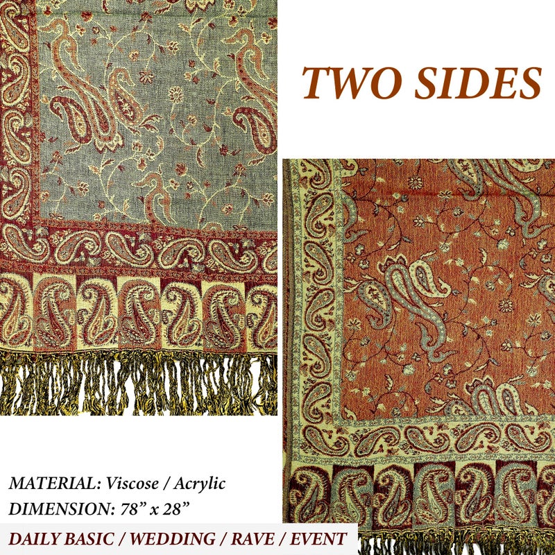 Achillea Soft Silky Reversible Paisley Pashmina Shawl Wrap Scarf w/Fringes (Sage Green) - Image 5