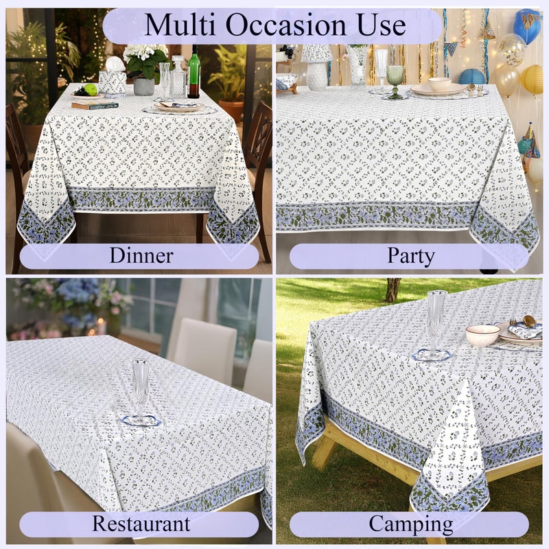 Ridhi Hand Block Print Powder Blue Rectangle Cotton Tablecloth 90" x 60" Reusable Table Cover Decorative Everyday Use for Dining, Farmhouse, Home Gift for Spring, Easter, Valentine - Image 5