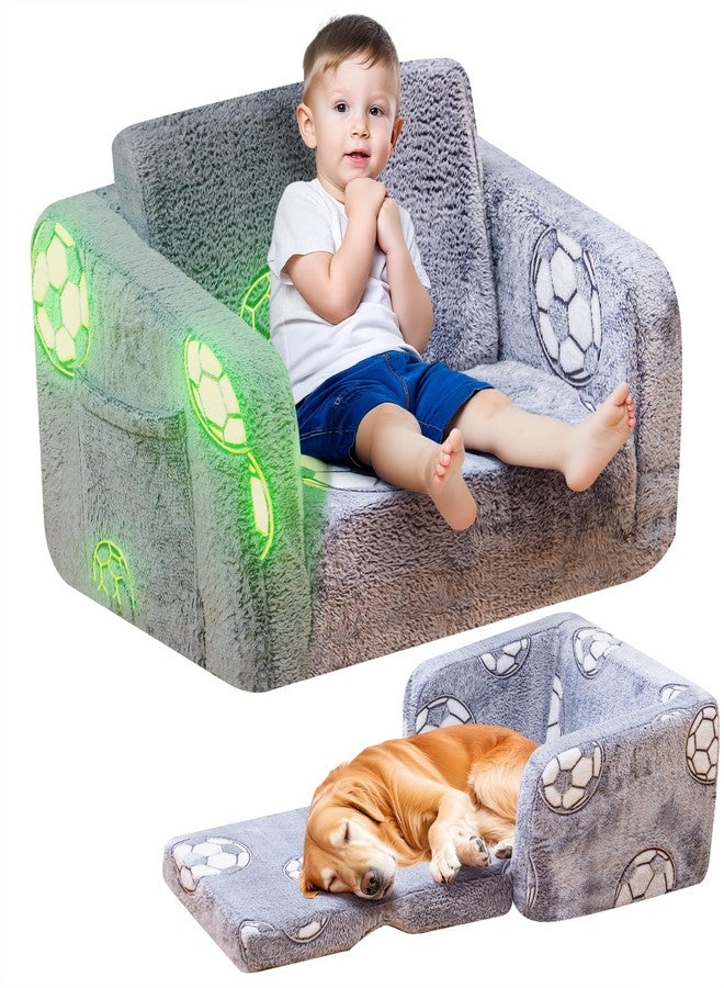 Lamerge 2-in-1 Soft Toddler Couch Fold Out,Foldable Toddler Chair, Glow in The Dark Kids Sofa for playroom,Convertible Foam and Floor Cushion for Boys and Girls (Grey and Football) - Image 1