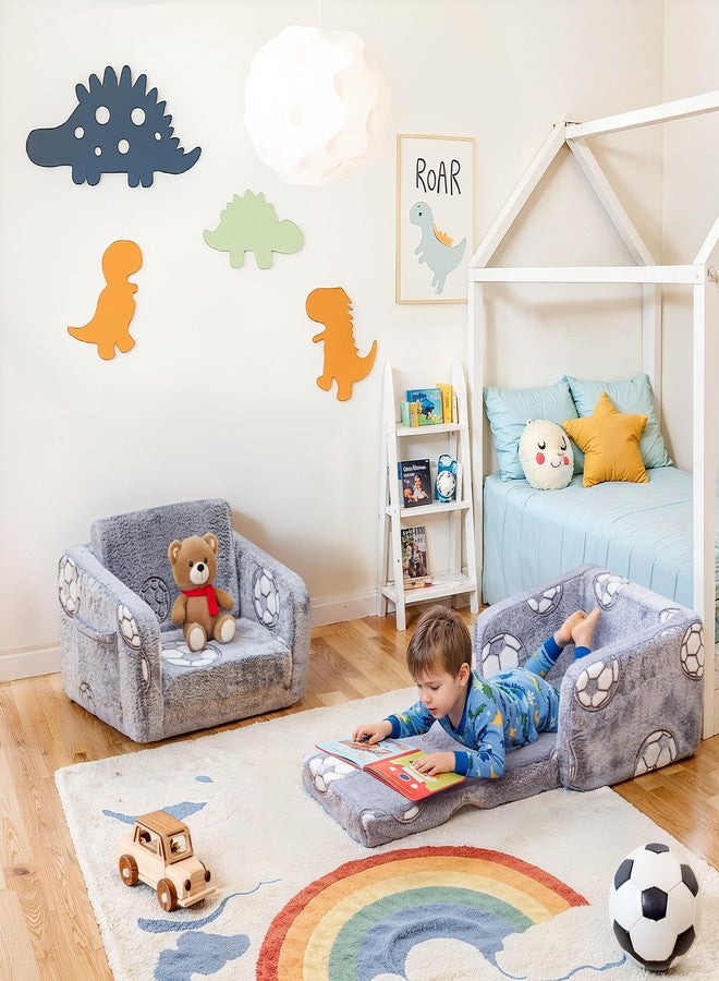 Lamerge 2-in-1 Soft Toddler Couch Fold Out,Foldable Toddler Chair, Glow in The Dark Kids Sofa for playroom,Convertible Foam and Floor Cushion for Boys and Girls (Grey and Football) - Image 3