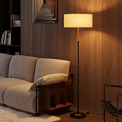 Karjoefar 2-Light Floor Lamp, Mid Century Floor Lamp with White Fabric Shade, Standing Lamp Tall Lamp for Living Room Bedroom, 3 Color Temperatures 9W Bulb Include - Image 1