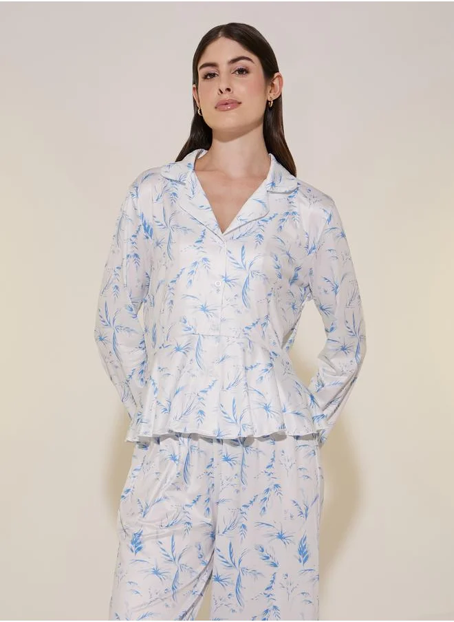 Styli All Over Printed Ruffle Hem Shirt and Straight Pyjama Pants Set