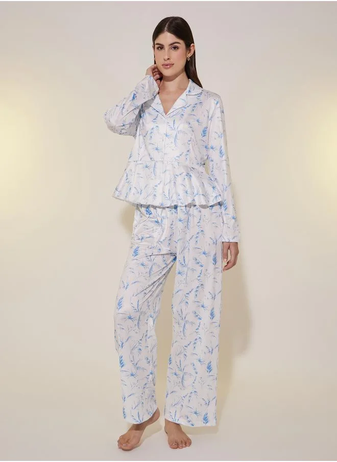 Styli All Over Printed Ruffle Hem Shirt and Straight Pyjama Pants Set