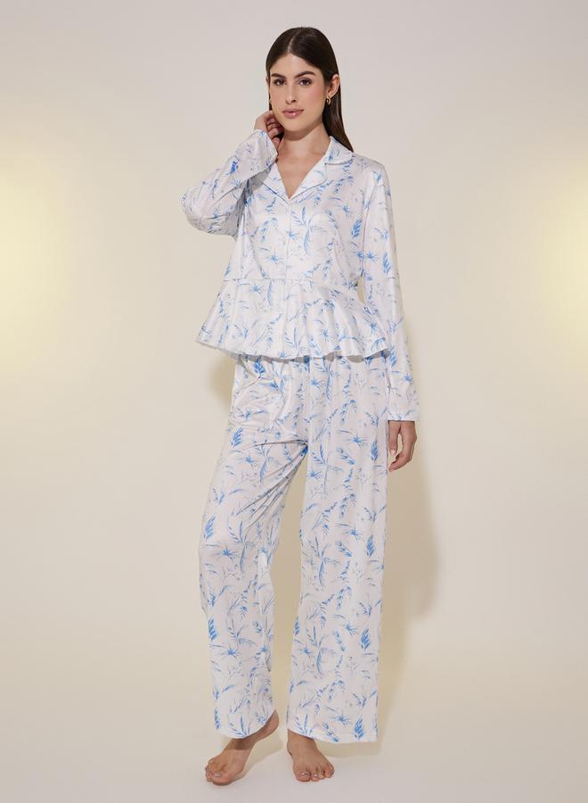 Take Two All Over Printed Ruffle Hem Shirt and Straight Pyjama Pants Set  - Image 1