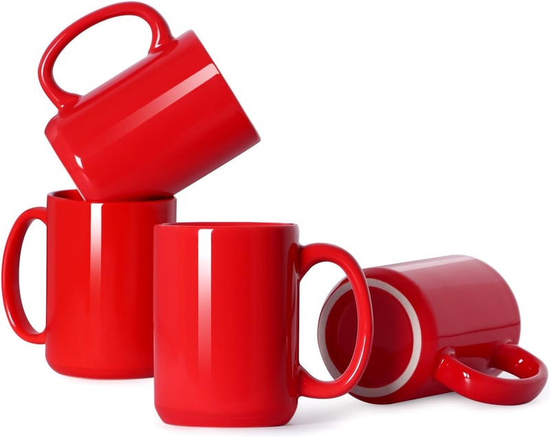 Smilatte 16 OZ Porcelain Coffee Mugs Classic Blank Ceramic Cup with Large Handle for Tea Latte Cappuccino Set of 4 Red - Image 1