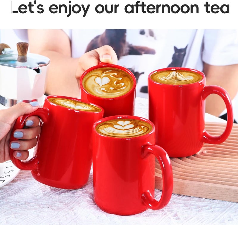 Smilatte 16 OZ Porcelain Coffee Mugs Classic Blank Ceramic Cup with Large Handle for Tea Latte Cappuccino Set of 4 Red - Image 2