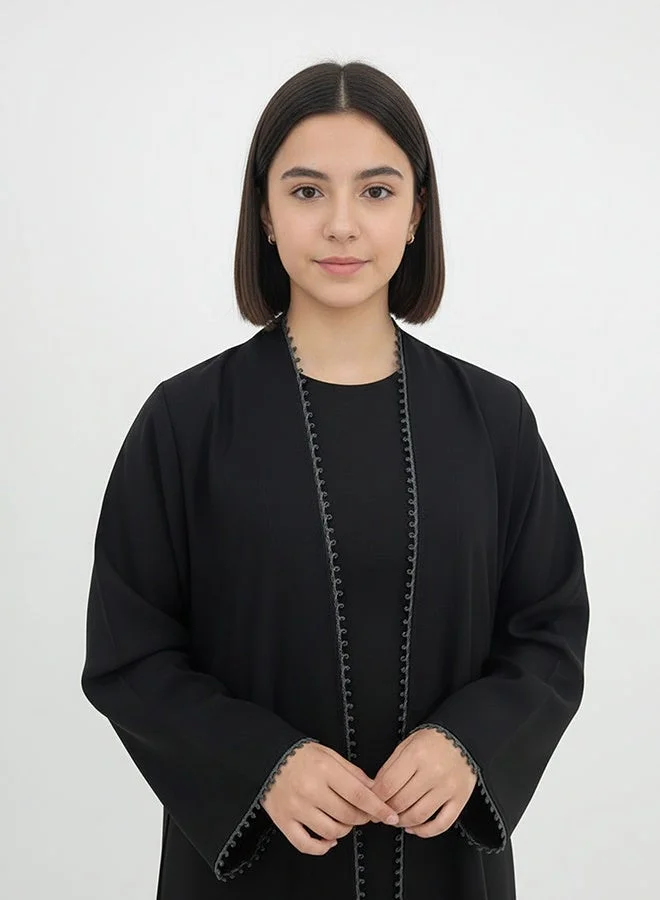 Hawraa Abaya Girls' Black Wrap Abaya in Lamar Crepe with Elegant Trim Details