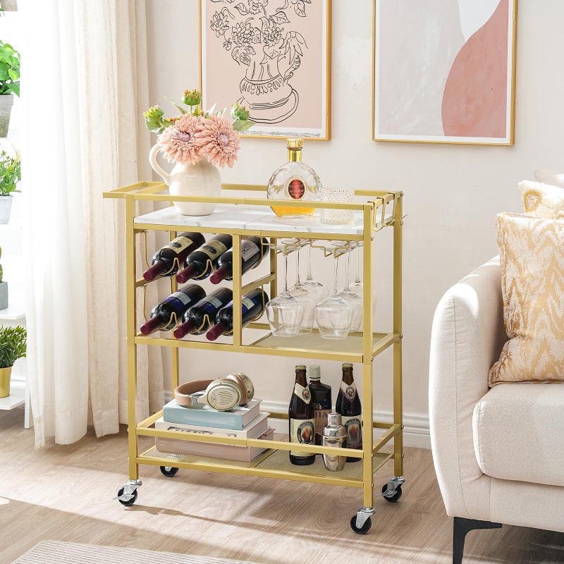 MAHANCRIS Bar Cart for Home, 3-Tier Serving Cart with Wheels and Handle, Beverage Cart with Wine Rack and Glass Holders, Rolling Wine Cart for Kitchen, Dining Room, Gold and White RCJM6101 - Image 3