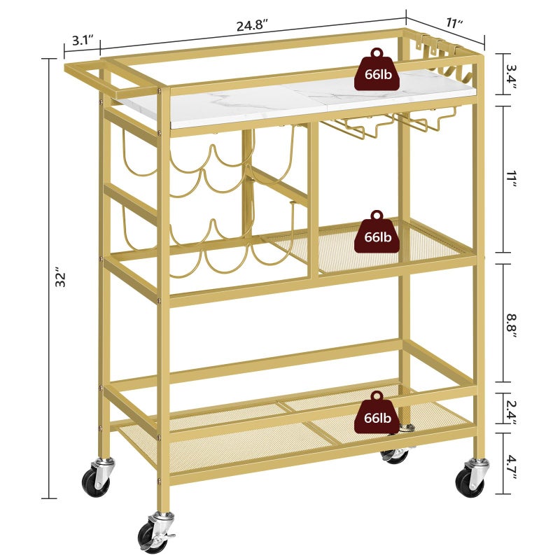 MAHANCRIS Bar Cart for Home, 3-Tier Serving Cart with Wheels and Handle, Beverage Cart with Wine Rack and Glass Holders, Rolling Wine Cart for Kitchen, Dining Room, Gold and White RCJM6101 - Image 2