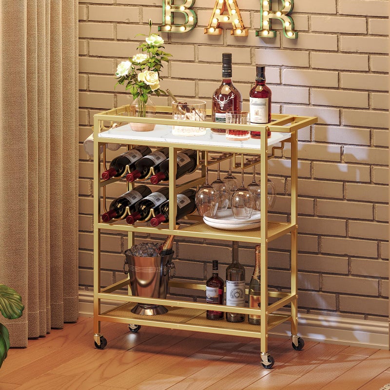 MAHANCRIS Bar Cart for Home, 3-Tier Serving Cart with Wheels and Handle, Beverage Cart with Wine Rack and Glass Holders, Rolling Wine Cart for Kitchen, Dining Room, Gold and White RCJM6101 - Image 1